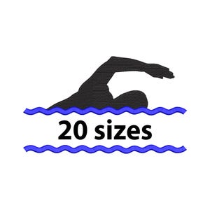 Op de afbeelding: Zwart silhouet van een zwemmer in de vrije slag, met blauwe golvende lijnen boven en onder de tekst "20 maten". De afbeelding staat op een witte achtergrond. De arm van de zwemmer is naar voren uitgestrekt.