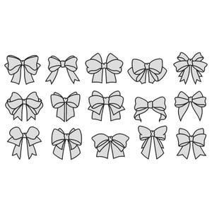 May include: A set of 16 black and white line drawings of different bow designs. The bows are all drawn in a simple, minimalist style.