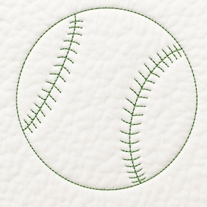 May include: A white baseball with green stitching. The baseball is round with curved green stitching lines that create the classic baseball design. The background is a textured white.