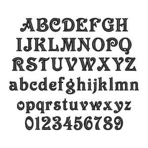 May include: Black embroidered alphabet and number set. The image shows uppercase and lowercase letters, plus numbers 0 to 9. The font is decorative and whimsical, suitable for craft projects. The letters and numbers are stitched.