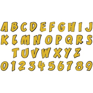 May include: A complete alphabet and number set in a bold, comic book style. The letters and numbers are yellow with a textured pattern and outlined in black. The font is slanted, giving a dynamic appearance, perfect for various design projects.