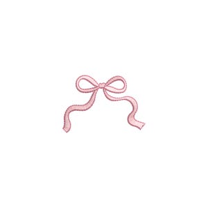 May include: A light pink embroidered bow design featuring a central knot with two symmetrical loops and two long, wavy ribbon tails extending downwards, rendered with a visible stitched texture and a darker pink outline on a plain background.