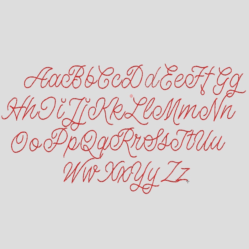 K&ouml;nnte beinhalten: Ein rotes kursives Alphabet mit einer dekorativen Verzierung an jedem Buchstaben. Die Buchstaben sind in alphabetischer Reihenfolge angeordnet.