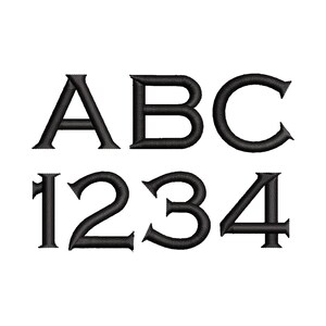 May include: Black embroidered letters and numbers on a white background. The image displays the letters A, B, and C, along with the numbers 1, 2, 3, and 4. The font is a classic serif style.