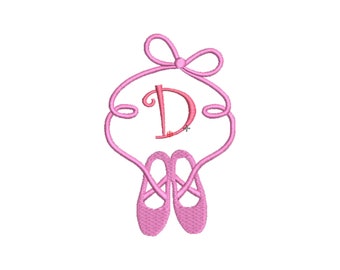 May include: Pink ballet shoes with a pink bow and the letter "D" in the center.