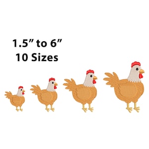 May include: Embroidered chicken design in various sizes, ranging from 3.8 to 15.2 cm. The design features a tan body, white neck, red comb, and yellow beak and feet. The image shows 10 different sizes of the chicken.