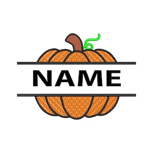 May include: Orange pumpkin with a green stem and a white banner with the word "NAME" in black text.