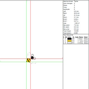 May include: A bee embroidery design with black, yellow, and white thread. The design is 0.90 square inches and uses 3 colors, 3 stops, and 2 trims. The design is for a Tajima embroidery machine.