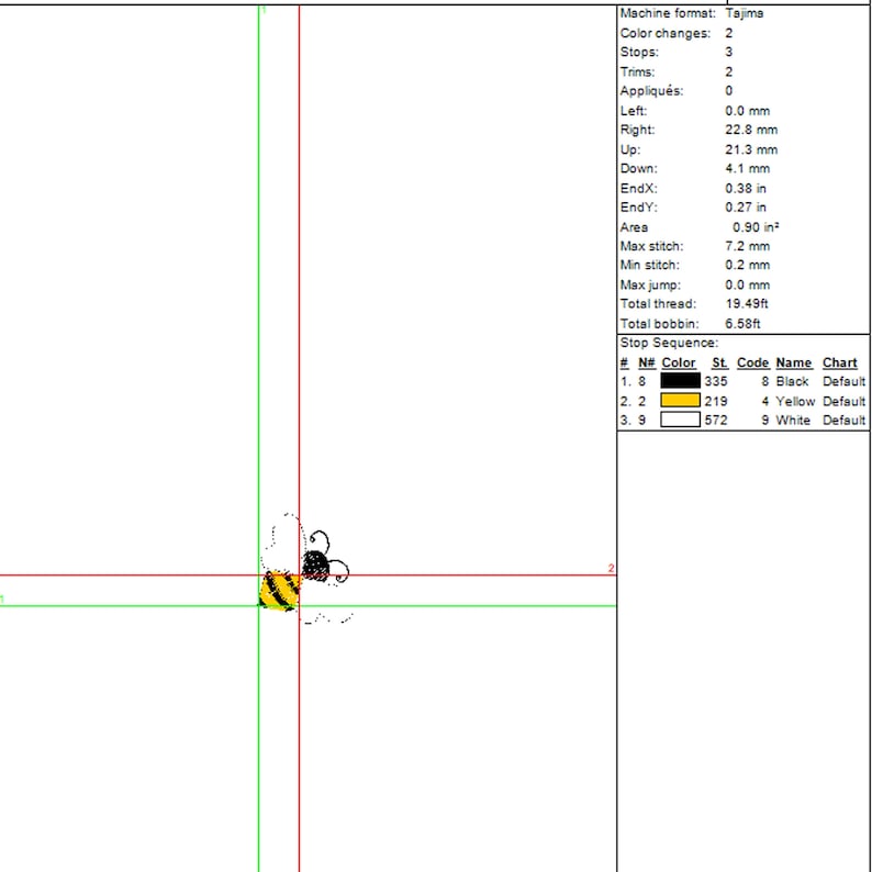 May include: A bee embroidery design with black, yellow, and white thread. The design is 0.90 square inches and uses 3 colors, 3 stops, and 2 trims. The design is for a Tajima embroidery machine.