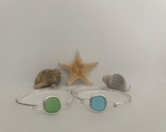 SILVER Blue or Green Ocean Sea Glass Bracelet Bangle - Handmade - Birthday Gift - FREE uk DELIVERY