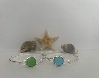 SILVER Blue or Green Ocean Sea Glass Bracelet Bangle - Handmade - Birthday Gift - FREE uk DELIVERY