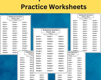 May include: A set of nine printable multiplication worksheets for practicing multiplication facts. Each worksheet features a different multiplication table, from times 2 to times 12, with a quiz for times 9. The worksheets are designed for students to practice their multiplication skills.