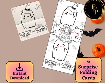 6 faltbare Überraschungs-Halloween-Grußkarten für Kinder 10 x 23 cm, druckbare Ausmalkarten PDF für Halloween