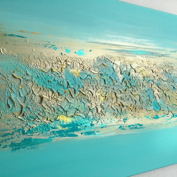 Peinture murale turquoise-or, format 70 x 50 cm, peinte à la main, moderne, abstraite, turquoise combinée à de l'or métallique, avec structure dorée au milieu