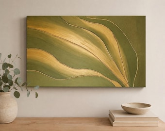 Green and gold textured painting, large hand-painted wall art for living room, abstract art decoration, gold, dark green, olive, 3D textured gold