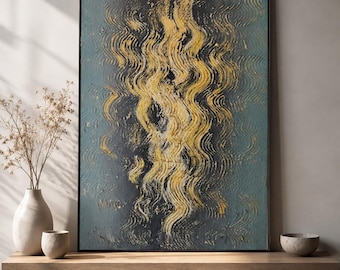 3D Modern Abstract Acrylic Painting in Gold & Petrol – Hand-painted Textured Art on Canvas – Original 70 x 50 x 3 cm, Wall Decoration