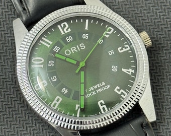 Rare Vintage Oris Green New Dial Hand Winding FHF Movement ST-96 Swiss Mens Wrist Watch
