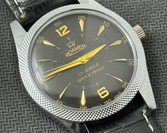 Seltene Vintage Roamer Schwarzes Zifferblatt Handaufzug FKW Uhrwerk ST-96 Schweizer Herren Armbanduhr