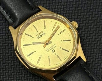 Vintage HMT Surya Golden  Dial 17 Jewels Hand Winding Mens Wrist Watch