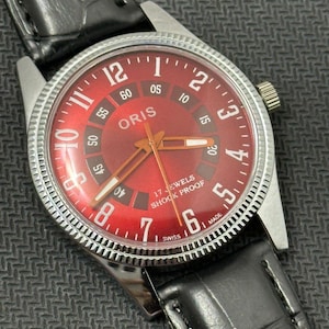 Rare Vintage Oris Red Dial Hand Winding FHF Movement ST-96 Swiss Mens Wrist Watch