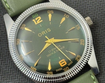 Rare Vintage Oris Green New Dial Hand Winding FHF Movement ST-96 Swiss Mens Wrist Watcht