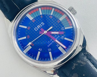 Rare Vintage ORIS Blue Dial Hand Winding FHF Movement ST-96 Swiss Mens Wrist Watch