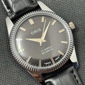 Rare Vintage Oris Black Dial Hand Winding FHF Movement ST-96 Swiss Mens Wrist Watch
