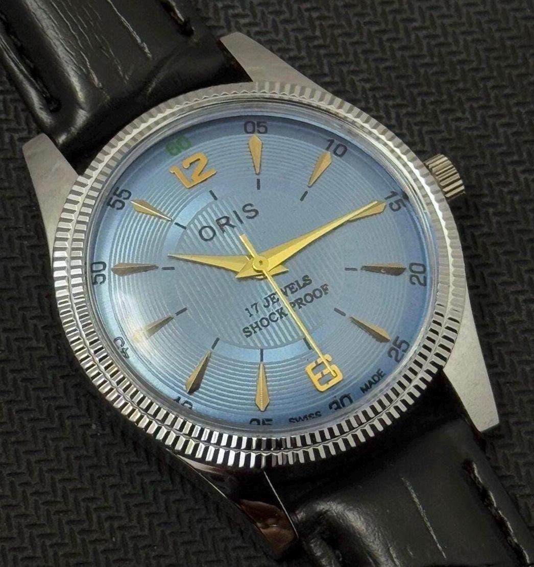 Rare Vintage Oris Sky Blue New Dial Hand Winding FHF Movement ST-96 Swiss Mens Wrist Watcht