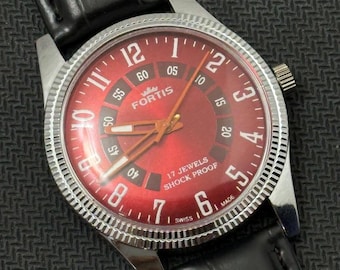 Vintage Fortis Swiss Mens Watch: Red Dial, Hand Winding, 17 Jewels