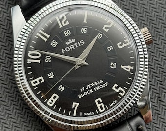 Rare Vintage Fortis black Dial Hand Winding FHF Movement ST-96 Swiss Mens Wrist Watcht