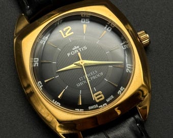 Seltene Vintage Fortis schwarzes Zifferblatt Handaufzug FKW Uhrwerk ST-96 Schweizer Herren Armbanduhr