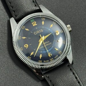 Raro reloj de pulsera suizo vintage Oris con esfera azul, movimiento FHF de cuerda manual, ST-96 para hombre. imagen 7