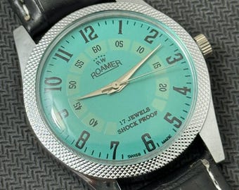 Seltene Vintage Roamer blaues Zifferblatt Handaufzug FKW Uhrwerk ST-96 Schweizer Herren Armbanduhr