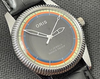 Rare Vintage Oris Black Dial Hand Winding FHF Movement ST-96 Swiss Mens Wrist Watch