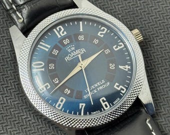 Rare Vintage Roamer Blue Dial Hand Winding FHF Movement ST-96 Swiss Mens Wrist Watch