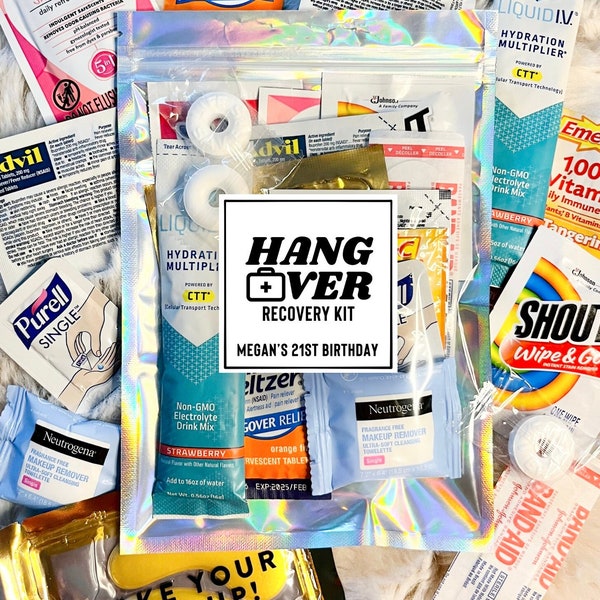 Hangover Kit Komplett montierte durchsichtige holografische Tasche | Self Care Kit für Hochzeiten, Veranstaltungen, Bachelorette Ausflüge, Partygeschenke, Reisen, Speicher
