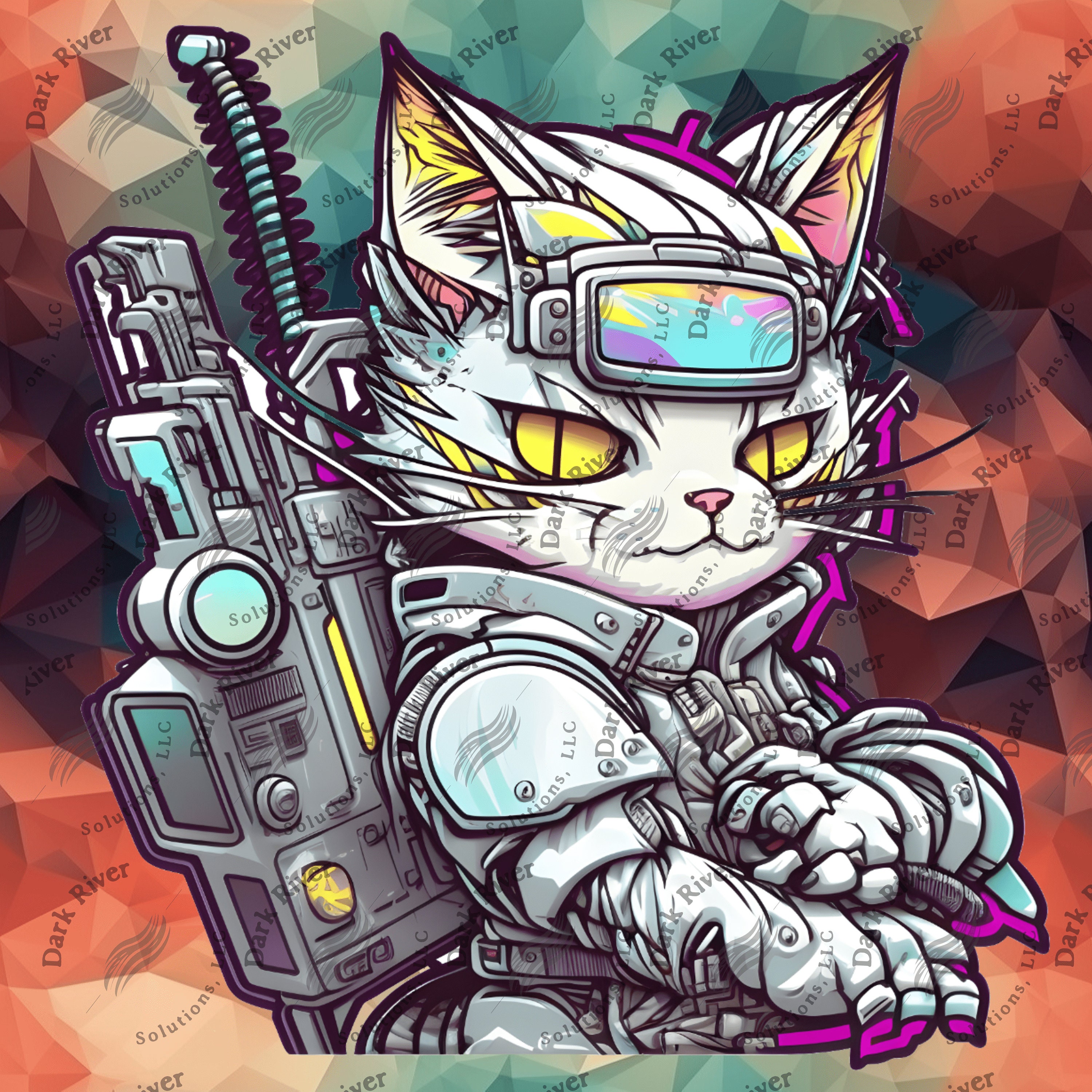 Cyberpunk Cat Male Fighter Assault Mods Futuristic Digital Sticker ...