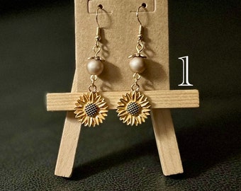 Drop Earrings- Sunflower & Cross with Pearls