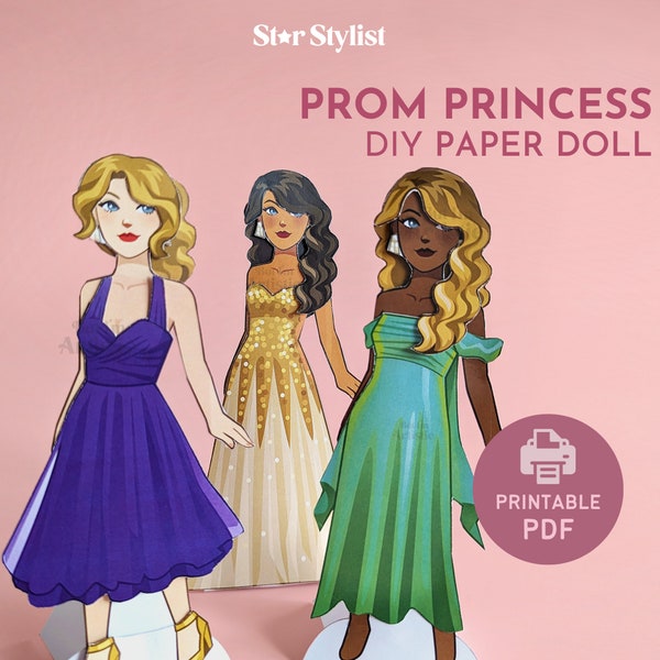 Printable Paper Doll Dress Up Set, Fashion Doll, Prom Outfits, Girls Crafts, Dress up Doll, Kids activity, summer holiday activity