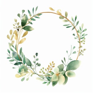 Incantevole cornice rotonda in oro verde acquerello 2, bordo clipart ghirlanda di foglie delicate, invito a nozze PNG
