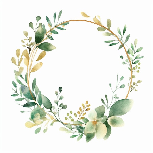 Enchanting Watercolor Greenery Gold Round Frame 2, Delicate Leaves Wreath Clipart Border, Wedding Invitation PNG