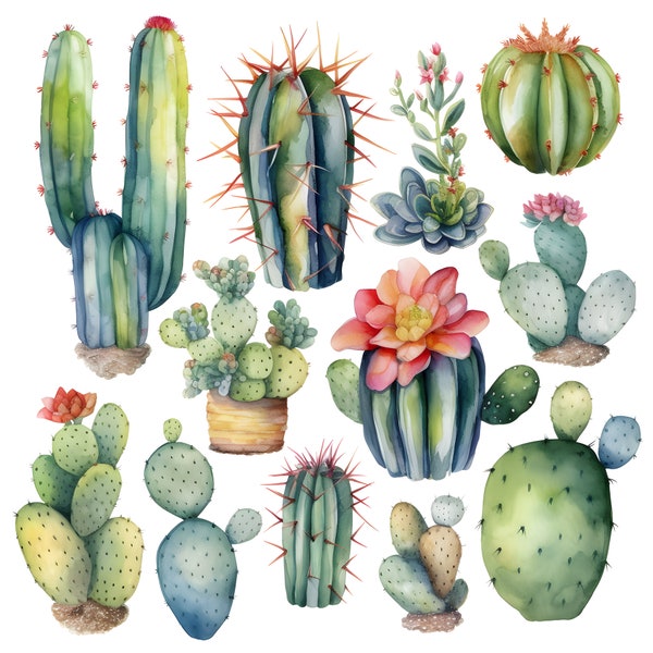 Cactus Potted Succulent ClipArt Set 3 - Watercolor Botanical home garden PNG Digital Files for Wedding Invitations, Scrapbooking and Crafts