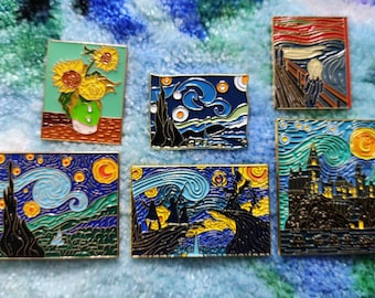 Van-Gogh-Pin-Sammlung – sehr gut detailliert – Emaille-Pins – 4 Varianten – eigenes Porträt – Vase mit Sonnenblumen – Sternennacht klein und groß –