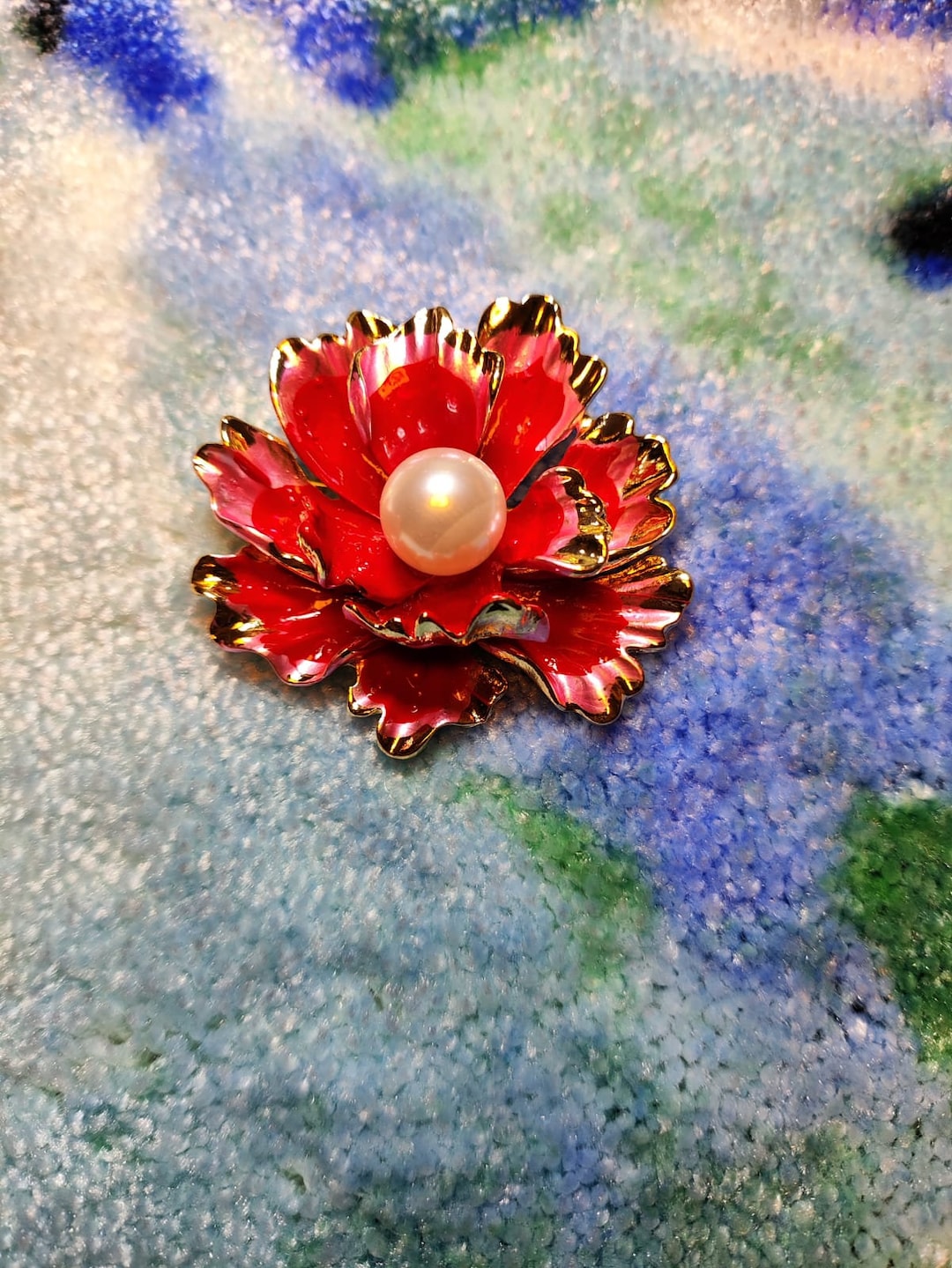 Red Flower Brooch Pin Detailed Glitter Beautiful Red Pearl Necklace Etsy