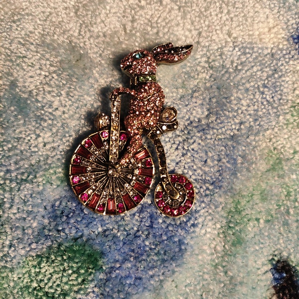 rabbit on bicycle brooch pin - detailed - glitter - beautiful - rabbit - funny - gift - unique - rabbit