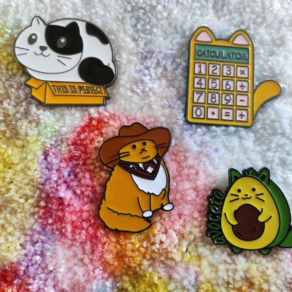 Lots of funny cat enamel pins - cat in a box - catculator - cowboy cat - avocato