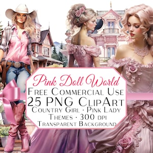 以下が含まれることがあります： ピンクをテーマにしたカントリーガールとピンクレディーのキャラクターをフィーチャーした、25枚のPNGクリップアート画像のデジタルイラストセット。画像は300 DPIで、透明な背景になっています。テキスト「Pink Doll World」はピンクのバナーに表示されます。
