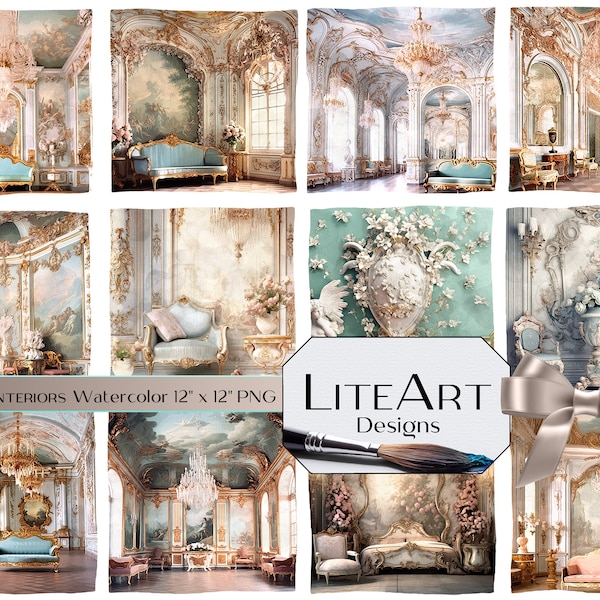 12 PNG Rococo Interiors – Watercolor 12” x 12” / 300 dpi – Digitally Created – High Resolution Digital Download