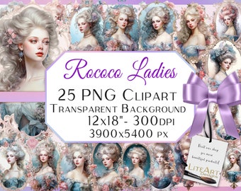 May include: A set of 25 digital clipart images featuring rococo ladies in ornate frames. The images are in PNG format with transparent backgrounds and are 12x18 inches at 300 DPI. The images are perfect for digital scrapbooking, card making, and other creative projects.