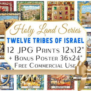 Puede incluir: Un collage de doce imágenes de mosaico que representan las doce tribus de Israel. Cada imagen presenta un símbolo único y una etiqueta de texto. Las imágenes están enmarcadas en oro y dispuestas en una cuadrícula. El título "Holy Land Series" y "Twelve Tribes of Israel" se muestran en una pancarta en la parte superior. El texto "12 JPG Prints 12x12" y "Bonus Poster 36x24" se muestran debajo de las imágenes. El texto "Free Commercial Use" se muestra en la parte inferior del collage.